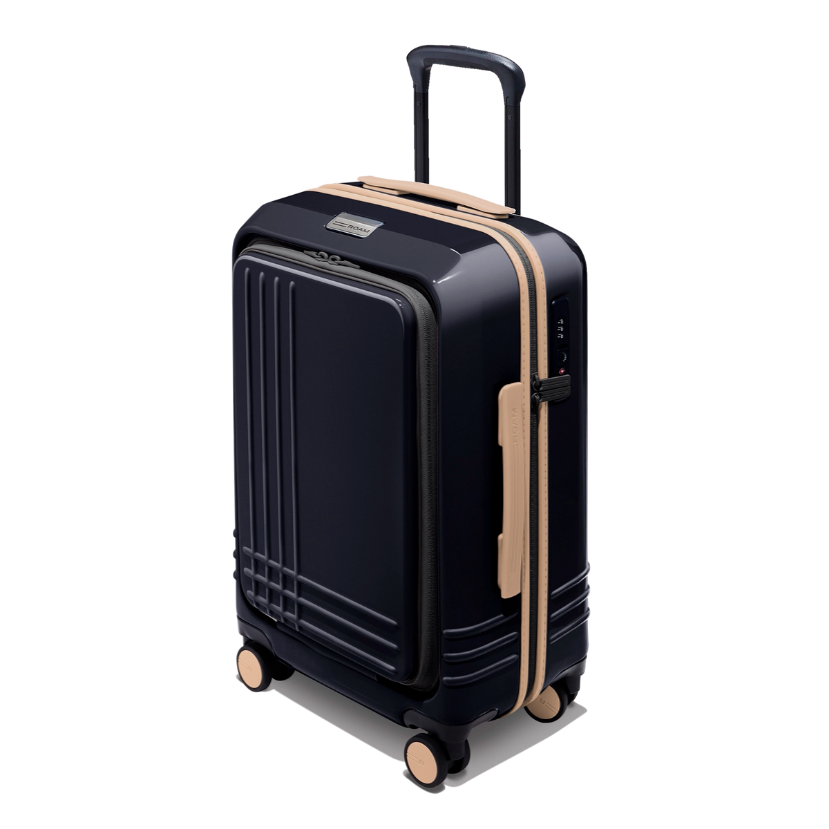Hard shell cabin luggage with front pocket outlet