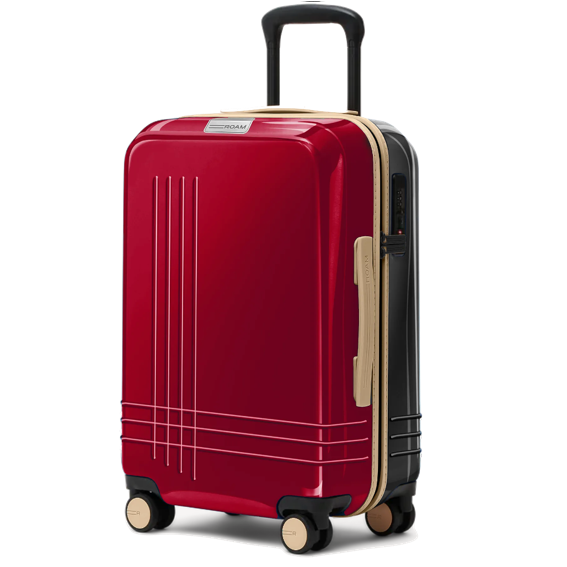 red suitcase with tan handles and black back